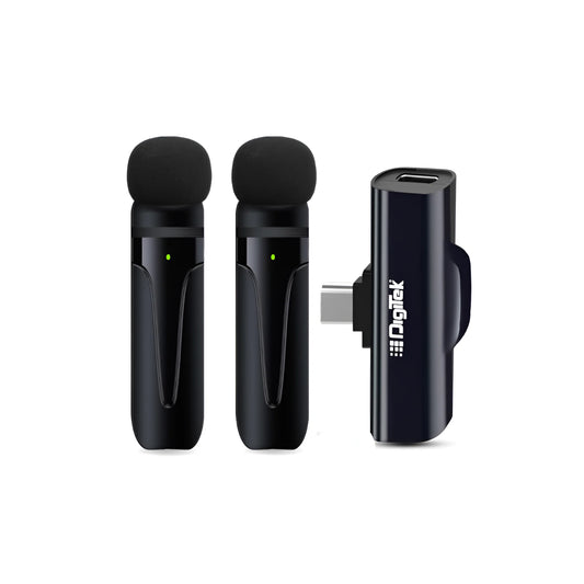 Digitek (DWM-003) 2 Unit Wireless Microphone & 1 Unit Receiver with Type C, Compatible for Noise Cancellation Mic Suitable for Vlog, YouTube, Live Streaming, Video Recording and More